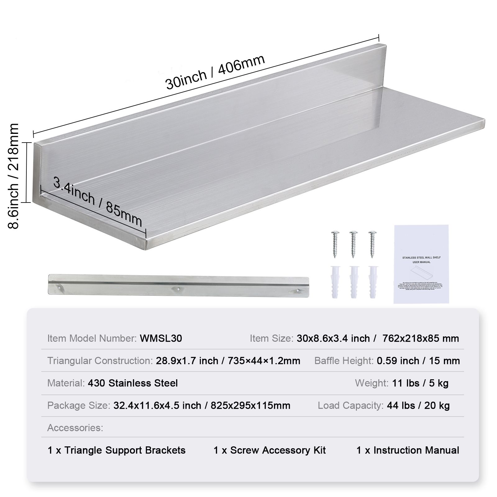 Commercial Kitchen Backsplash - Prateleira de Aço Inoxidável de 8,6''