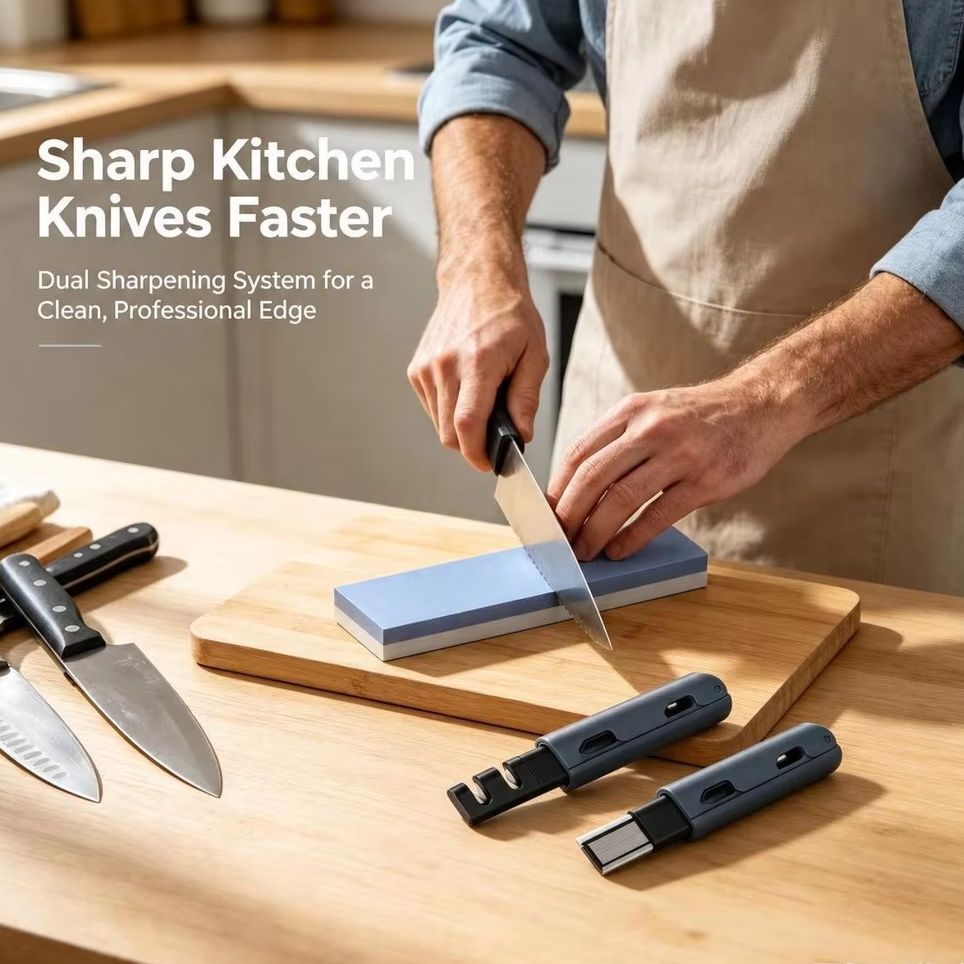 Commercial Kitchen Knife Sharpener - 3 Peças, Pedra de Afiar Facas,